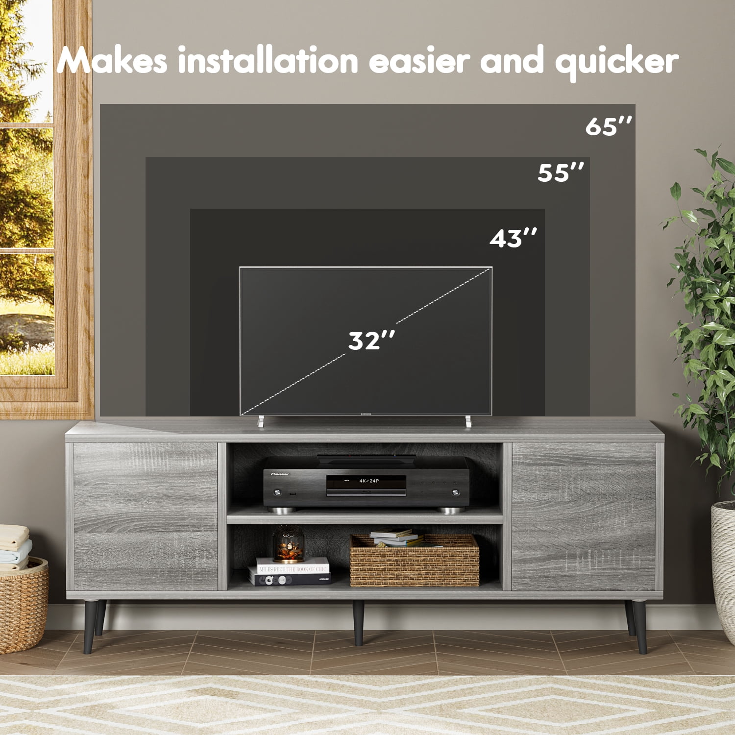Furmax Mid-Century 2-Door TV Stand for TVs up to 65", Gray