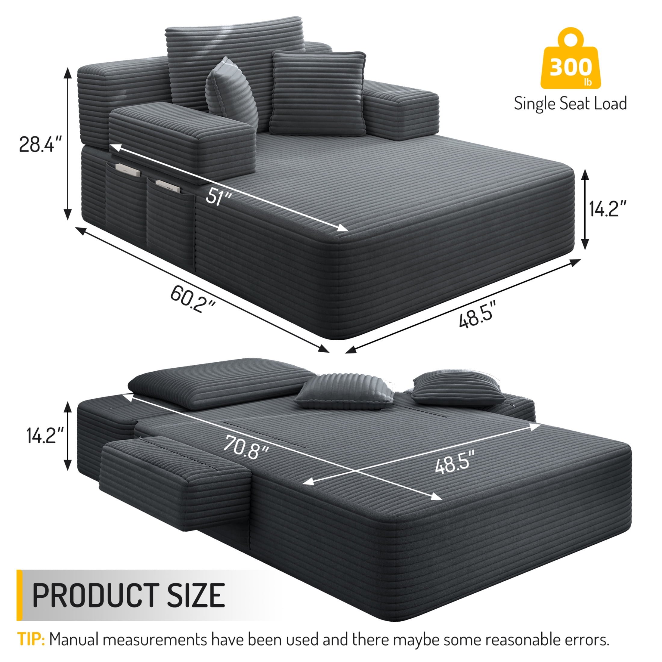 Noble House 49" Plush Corduroy Chaise Lounge, Convertible Sleeper Sofa Bed with Storage Pocket, Small Spaces, Dark Gray