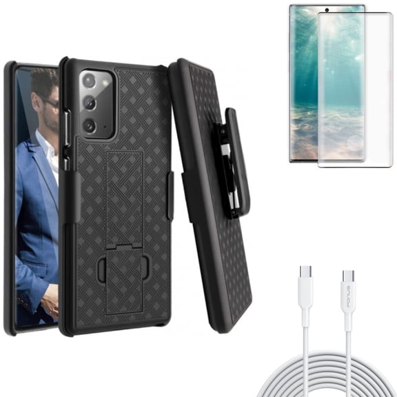 Case Belt Clip & 6ft Long Type-C Cable & Screen Protector for Samsung Galaxy Note 20 (6.7") - Combo with Holster Swivel & PD Fast Charger Cord Power & Tempered Glass (Fingerprint Unlock)