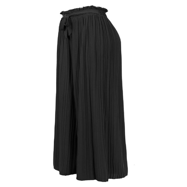 JUNWELL Women‘s Ribbon Tie Chiffon Loose Pleated Wide Leg Palazzo Pants