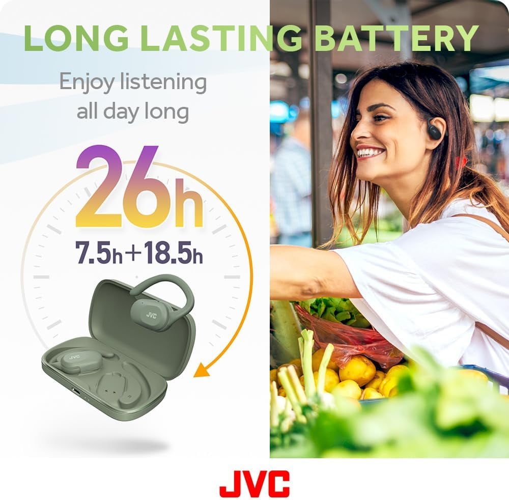 JVC nearphones Open Ear True Wireless Headphones with Pivot Motion Mechanism, 16mm Large Drivers Sound, Single Ear use, BT 5.4, Long Battery Life (up to 26 Hours) - HANP40TG (Green)