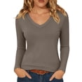 thumbnail image 2 of Utoimkio Women's V Neck Long Sleeve Undershirts Slim Fitted Stretchy Casual Basic Tee for Daily Wear Size XS-XL, 2 of 8