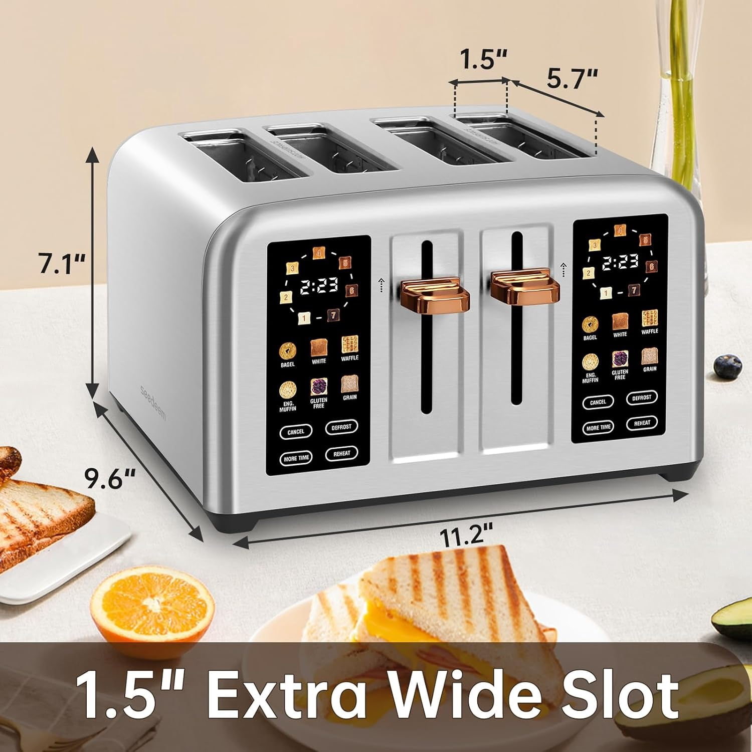 Toaster 4 Slice, Stainless , Touch Screen for Dual Control, Digital Timer, Toaster with 6 Bread Type, 7 Shade Setting, 1.5''Wide Slot, Removable Crumb Tray, 1800W, Metallic