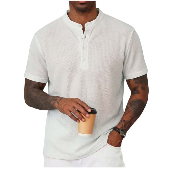 Camiseta de Manga Corta Casual de los Hombres con Medio Botón con Cuello de Pie, Color Sólido para Toda la Temporada
