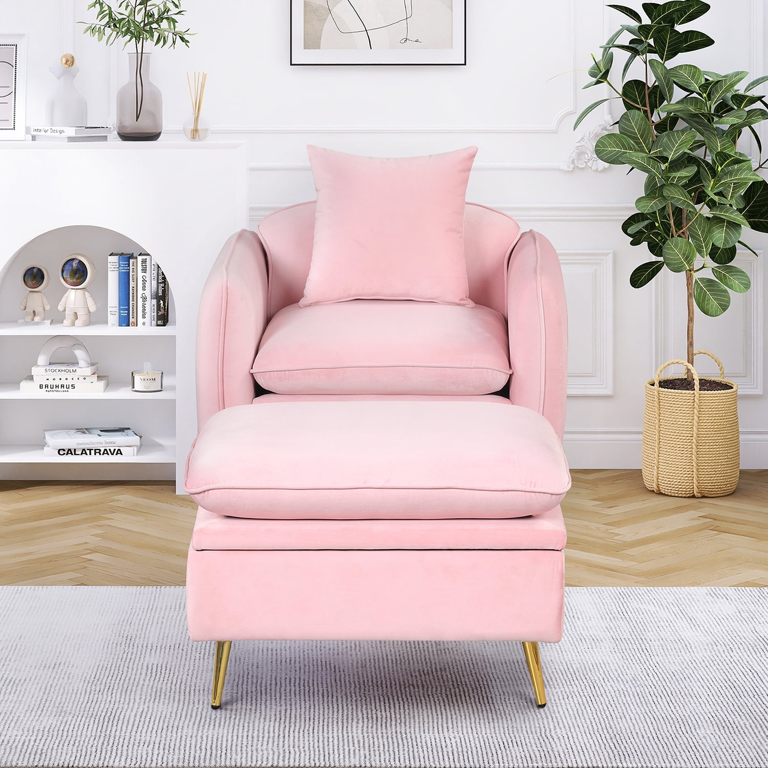 Kadyn 35.2" Modern Armchair, Single Sofa Chair with Ottoman Foot Rest and Pillow, Velvet Accent Chairs for Small Spaces Apartment Office, Pink Kadyn 35.2" Modern Armchair, Single Sofa Chair with Ottoman Foot Rest and Pillow, Velvet Accent Chairs for Small Spaces Apartment Office, Pink