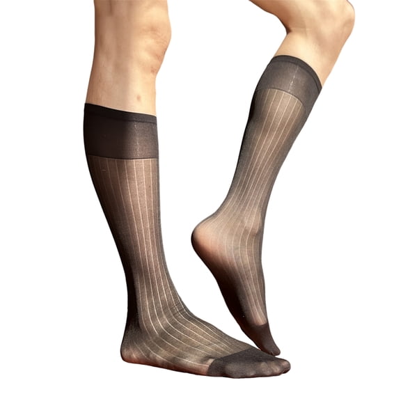 Xinwanna Men's Casual Business Dress Socks Middle Calf Wide Striped Sheer Nylon Stockings Formal Suit See Through Thin Faux Silk Socks (Black,One Size)