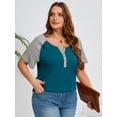 thumbnail image 3 of SHOWMALL Women's Plus Henley Tops Color-block Royal Blue 3X V-Neck Button-Up Short Raglan Sleeve Tee Combo Casual Dressy Shirts, 3 of 8