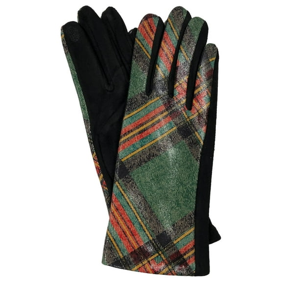 Womens Shimmery Green & Red Plaid Stretch Fit Texting & Tech Touchscreen Gloves