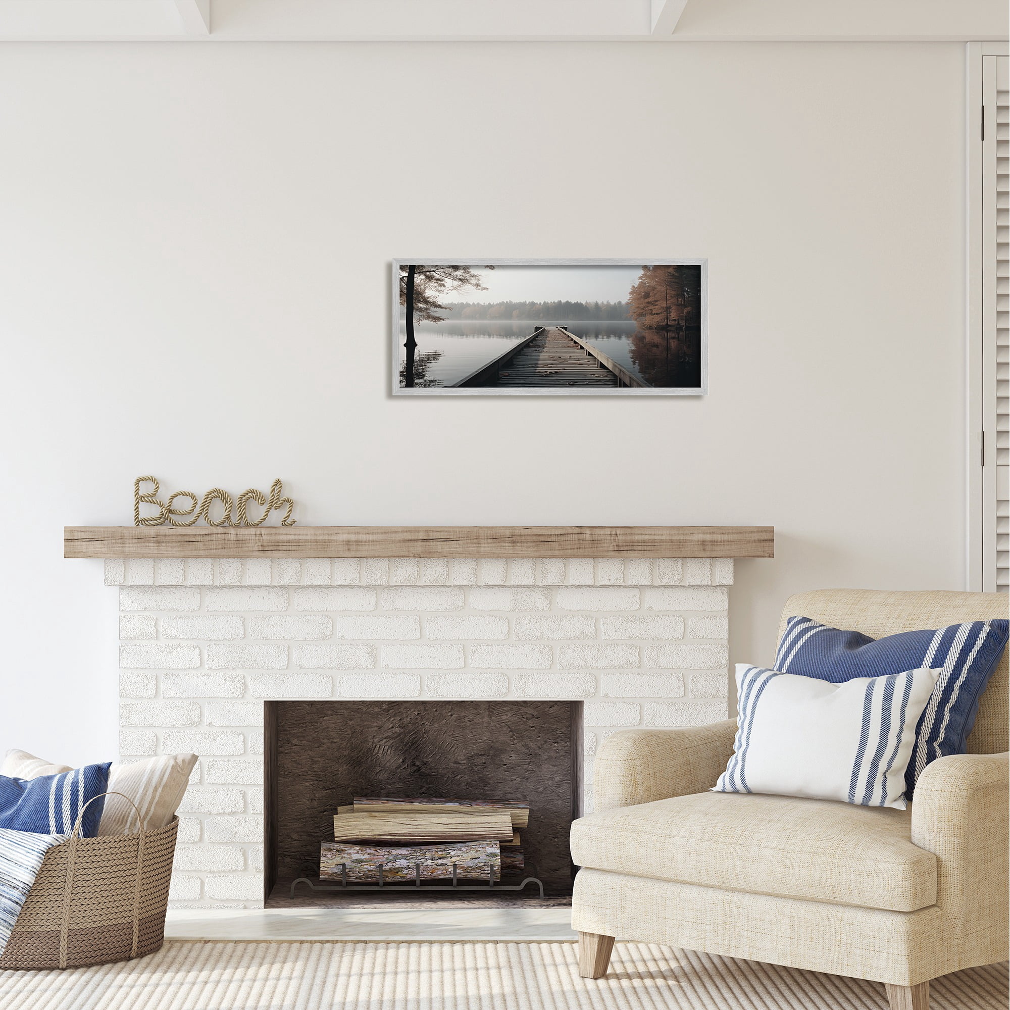 Stupell Industries Woodland Lake Dock Landscape Photography Gray Framed Art Print Wall Art, 30 x 13