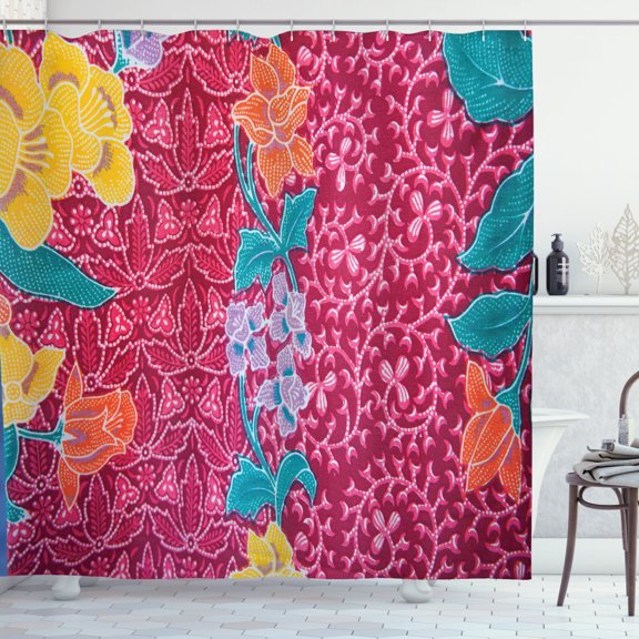 Asian Shower Curtain, Colorful Blossoms in the Style of Balinese Batik Eastern Traditional Image Print, Fabric Bathroom Set with Hooks, 69W X 84L Inches Extra Long, Multicolor, by Ambesonne