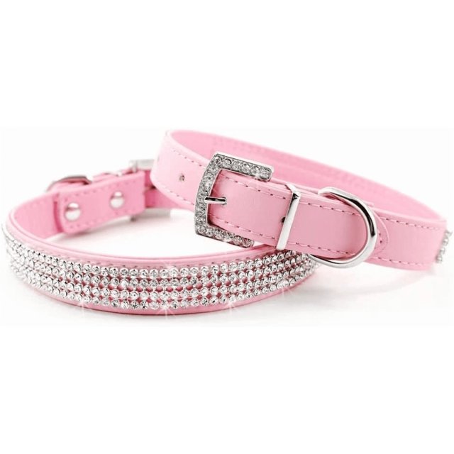 Full Crystal Rhinestones Shing Diamonds PU Leather Dog Pet Collars with Rhinestones Buckle,Pink,X-Small:5/8"*8-10",