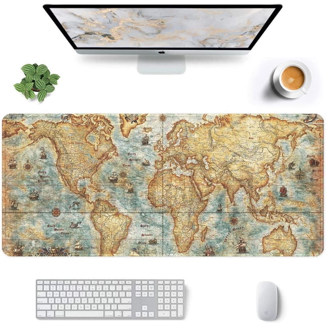 Large Mouse Pad, Full Desk XXL Extended Gaming Mouse Pad 35" X 15", Waterproof Desktop Mat with Stitched Edge, Non-Slip Laptop Computer Keyboard Mousepad for Office & Home, World Map Design