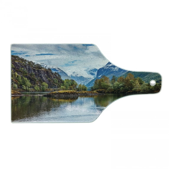 Nature Cutting Board, Norway Mountain Range Snowy Peaks by the Lake Fishing Nordic Northern Landscape, Decorative Tempered Glass Cutting and Serving Board, Wine Bottle Shape, Multicolor, by Ambesonne