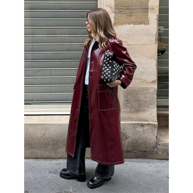Chaquetas largas de charol para mujer, abrigos elegantes con solapa de gran tamaño, con botones y bolsillos, color burdeos, abrigos clásicos