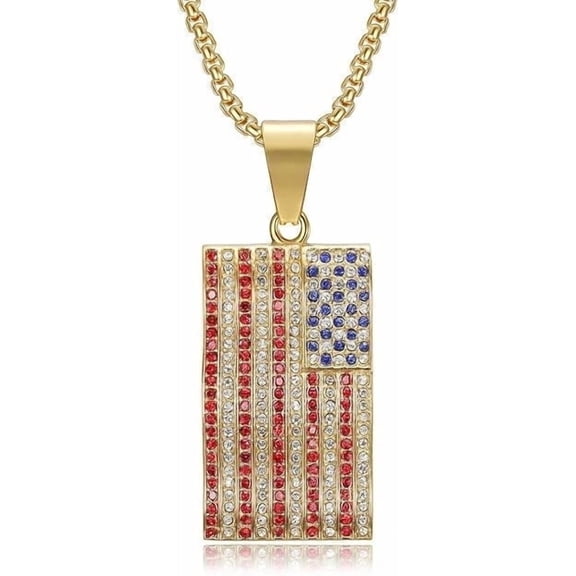 18K Gold Plated American Flag Pendant Punk Rock Stainless Steel Necklace for Men Women, 24 Inch Chain Bald Eagle USA Jewelry Gift