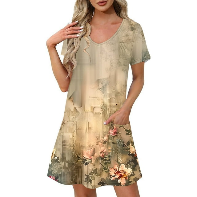 Vestido Corto de Verano Moda Gradiente Corto de Manga en V Cuello Vestido Casual, Poliéster Ligero de Verano, Lavado de Manos