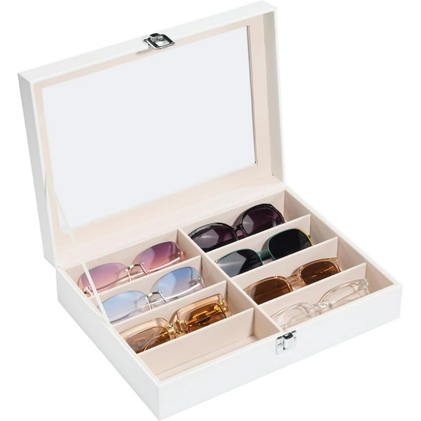 Estuche para Gafas, Organizador para Gafas de Sol Vitrina de Cuero Sintético 2 Capas Cajones para Almacenamiento de Gafas Anteojos Ventana Vidrio Transparente Regalo Unisex -18 Ranuras, Blanco