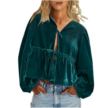 GA WEIHUA Women s Velvet Shirts Tie Front Long Sleeve Jackets V Neck Ruffle Hem Peplum T Shirts Loose Fit Cute Open Front Tops Relaxed Solid Babydoll Blouses(Blue XL