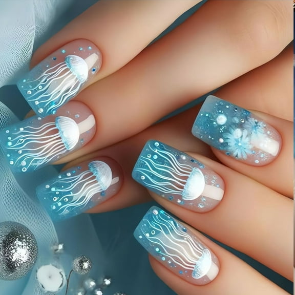 24Pcs Mediums Long Square Fake Nails Frosted Oceans Theme Jellyfish Design Breathable Press On Nails For Daily Use