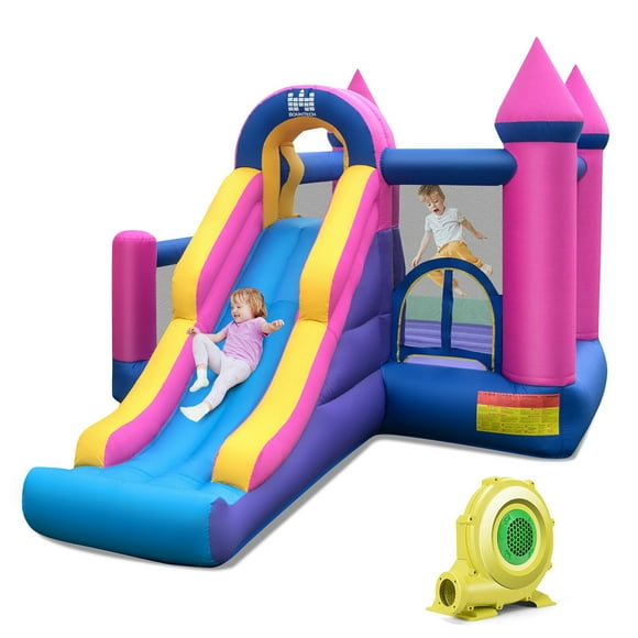 Gymax Kids Inflatable Bounce Castle 7-in-1 Jumping House w/ Long Slide & 735W Blower