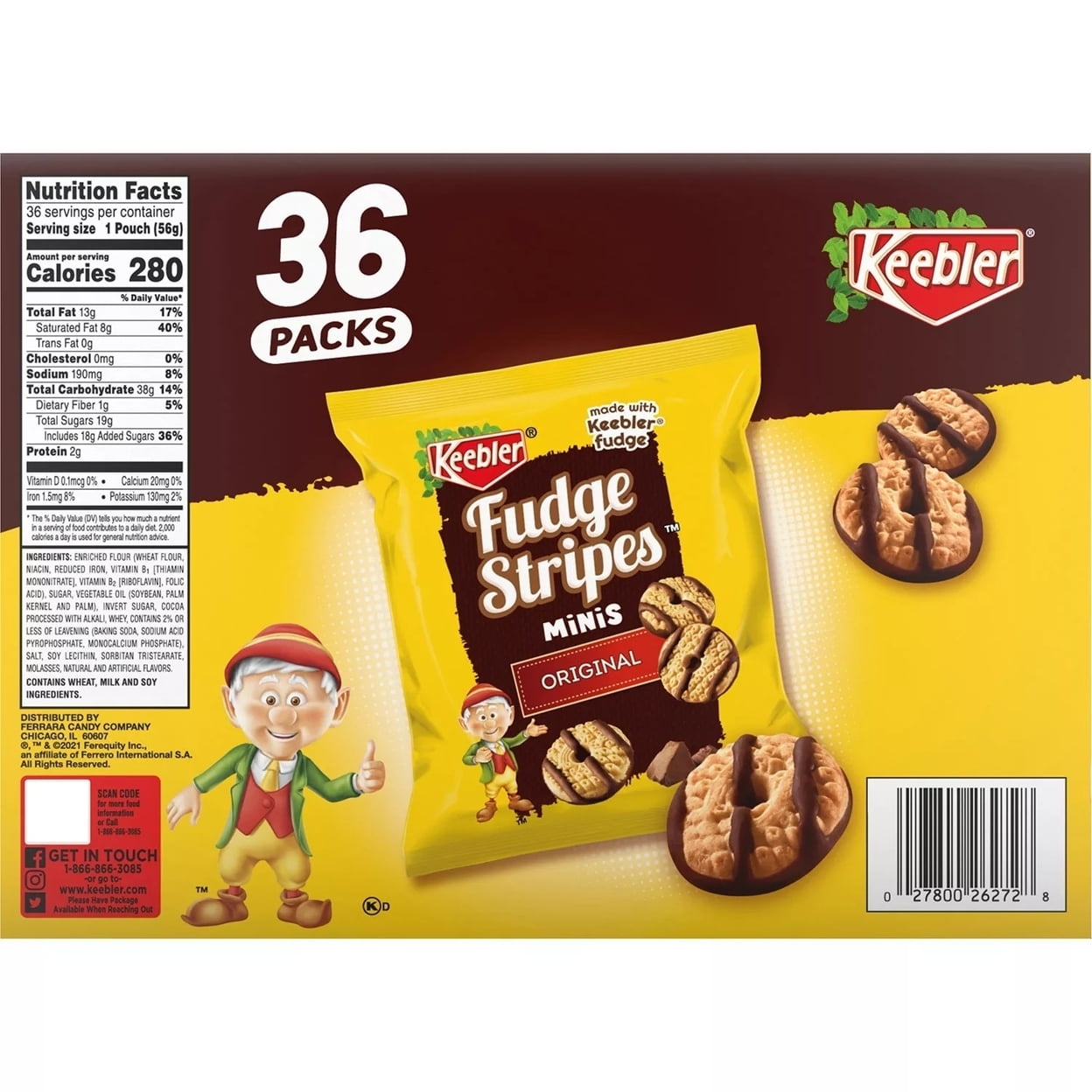 Keebler Mini Fudge Stripe Cookies, 2 Ounce (Pack of 36)