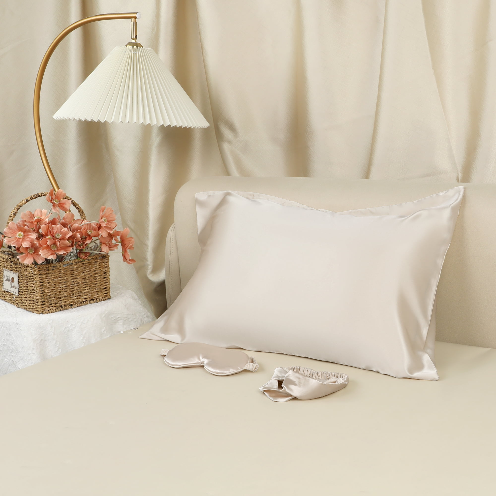 Unique Bargains Pillow Case with Envelope Pillowcases with Eye Mask, Hair Band Champagne