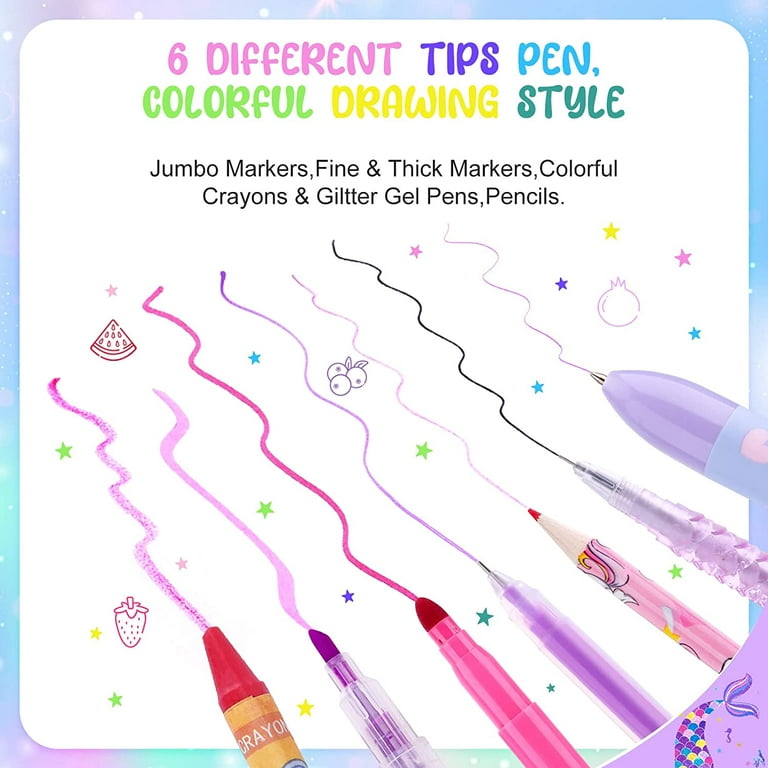 JYPS Fruit Scented Markers Set 56 Pcs with Glitter Mermaid Pencil Case &  Stationery, Art Supplies for Kids Ages 4-6-8, Art Coloring Kits Box, Gifts  Toy for Girls,Gel Pen,Pencil&Crayon Drawing Stuff 