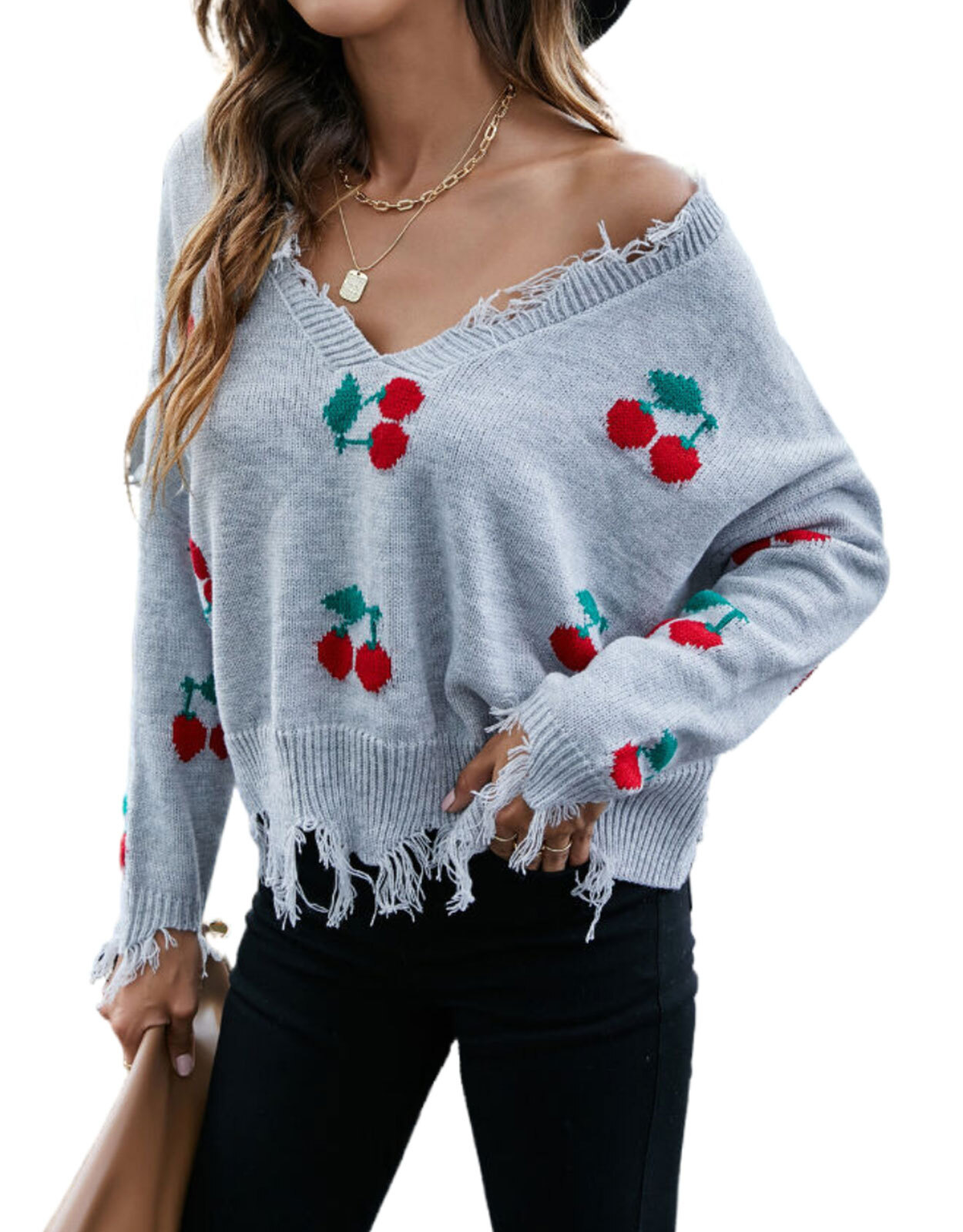 Sweaters for Women VNeck Cherry Print Pullover Sweaters Cute Juniors