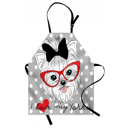 Yorkie Apron Tilted Head Terrier I Love My Yorkie Red Nerd Glasses Love Heart Polka Dots, Unisex Kitchen Bib Apron with Adjustable Neck for Cooking Baking Gardening, Black White Red, by Ambesonne
