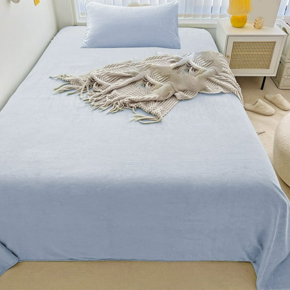 PEONAVET Flannel Sheets Set, Velvet Plush Sheets Queen Size Winter Deep Warm Pocket Fleece Sheets for Cold Season Cozy Bedding Set, Matching Pillow Case, 91×63 Inch（Sky Blue）