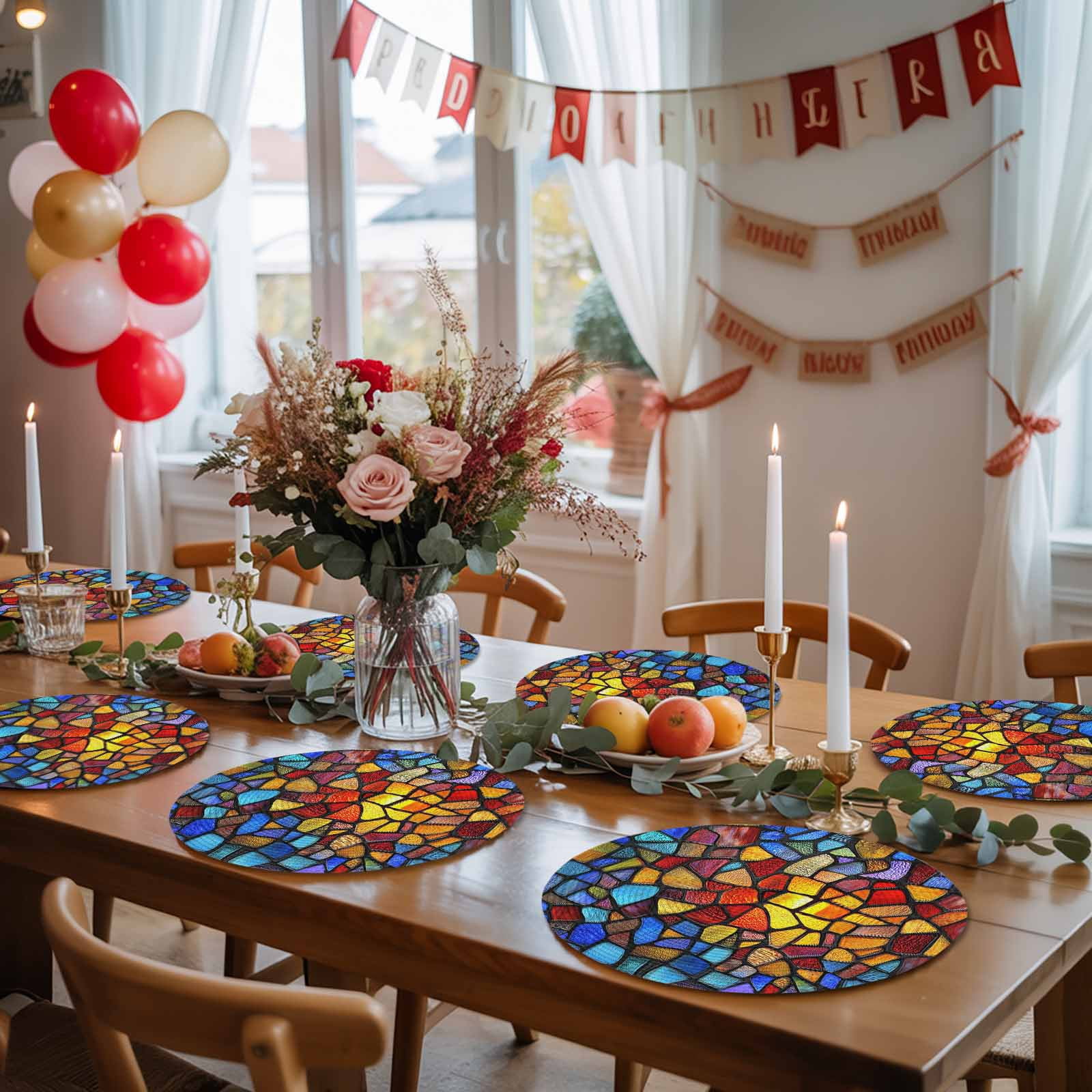Blue Red Yellow Round 15 Inch Placemats Set of 8, Modern Colored Rainbow Stained Glass HeatResistant Non Slip Place Mats for Dining Table, Wipeable Braided Kitchen Table Mats for Housewarming
