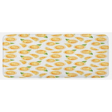 Orange Kitchen Mat, Watercolor Slices of Orange Fruit with Green Leaves Fresh Ripe Juicy Food, Plush Decorative Kitchen Mat with Non Slip Backing, 47" X 19", Orange Green White, by Ambesonne