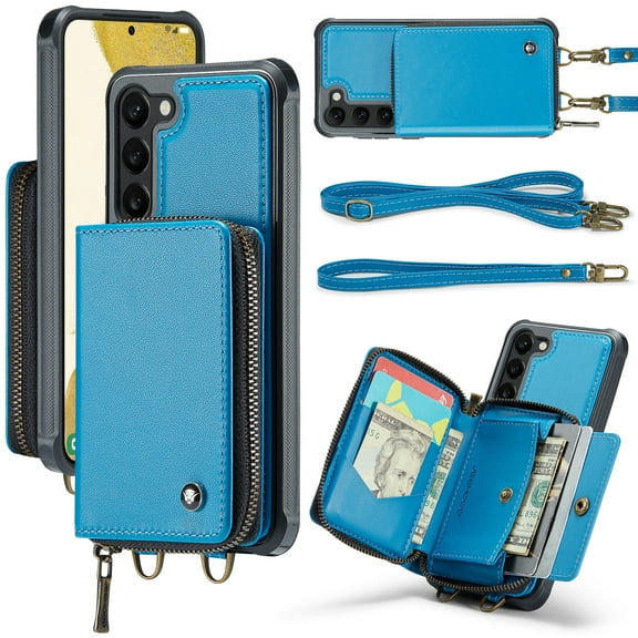 ELEHOLD Crossbody Wallet Phone Case for Samsung Galaxy S23 6.1", Zipper Pocket Card Holders Detachable Crossbody Strap Lanyard RFID Blocking Soft Leather Protective Case,Blue