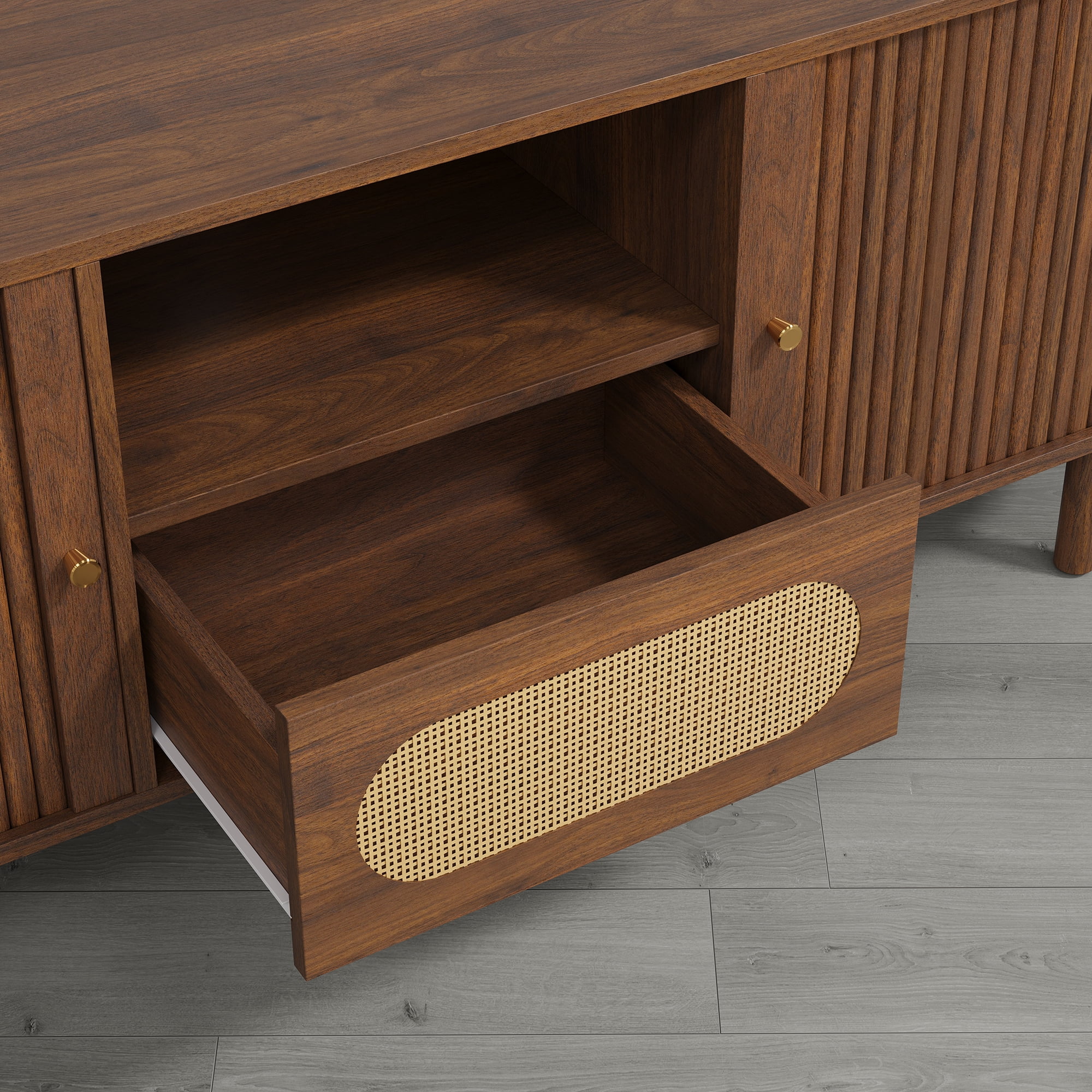 Spruce & Spring Tambour TV Stand with Power Outlet, Mid-Century Modern Entertainment Center, Rattan Drawer & Fluted Sliding Doors, Solid Wood Legs & Cable Management, Walnut, for TVs up to 70 Inch