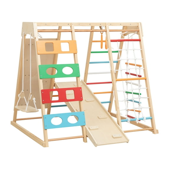 EUROCO 9-in-1 Wooden Jungle Gym for Toddlers, Indoor Montessori Climbing and Slide Set with Climbing Rock, Climbing Net, Swing, Gymnastics Rings