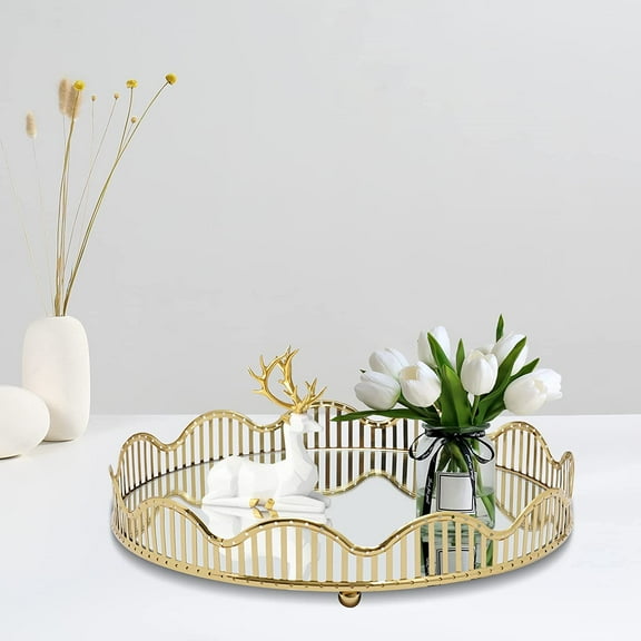 Miumaeov Gold Curve Serving Tray Luxury Mirror Perfume Holder Trays Round 12.4" Decorative Vanity Makeup Jewelry Storage Organizer for Women Girls Bedroom Bathroom