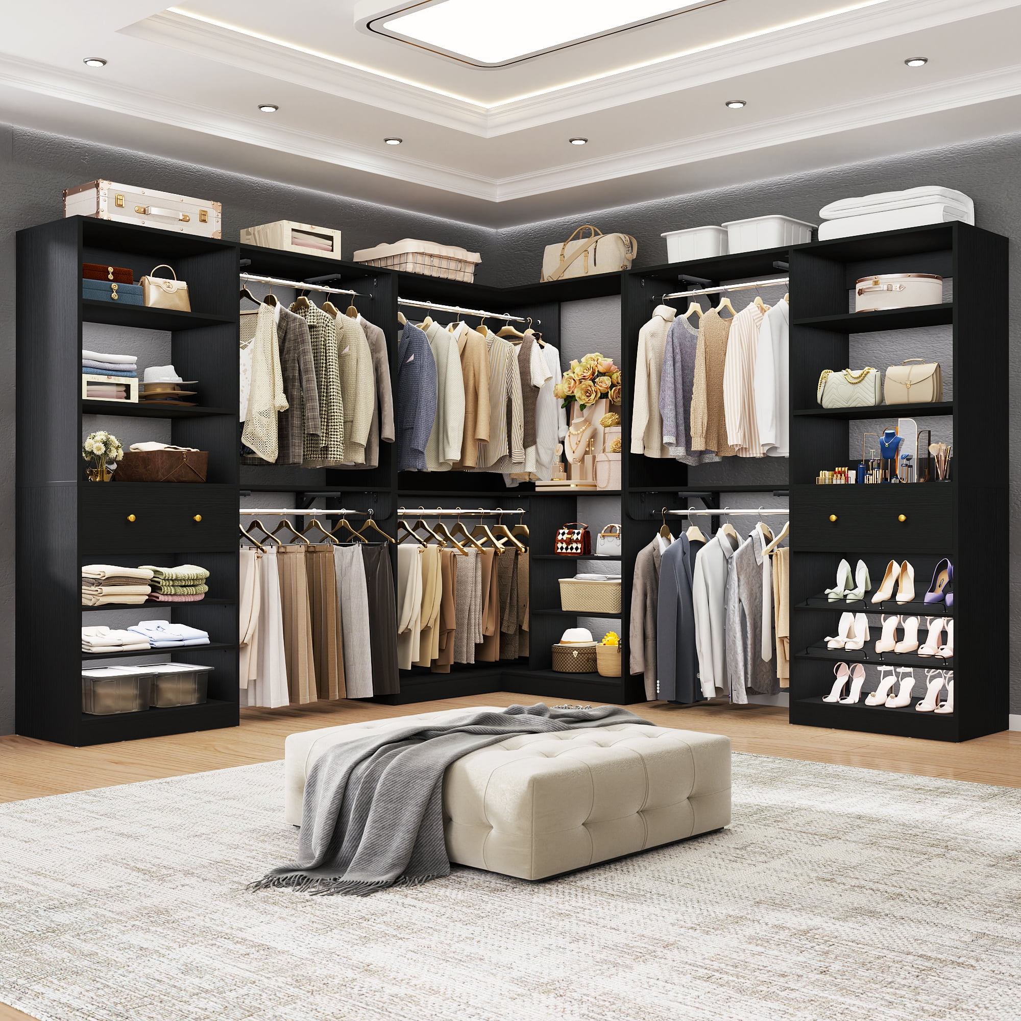 Homieasy Closet system with 2 wooden drawers, 6 hanging rods and