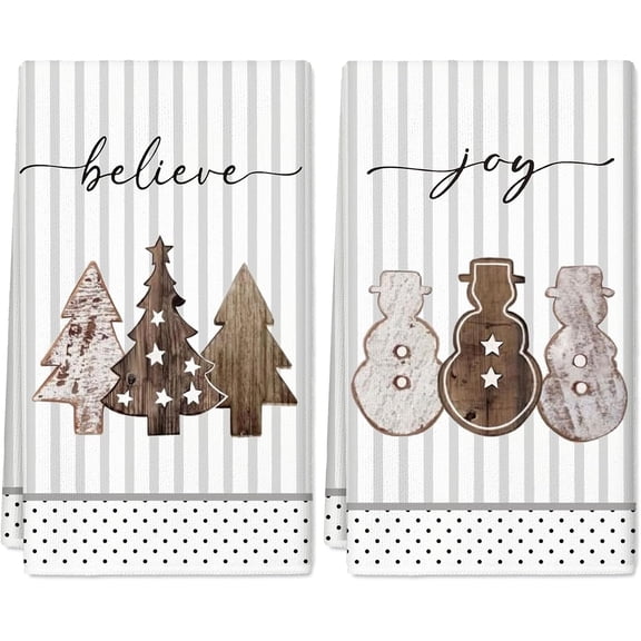 Christmas Kitchen Towels Brown Grey Wood Grain Xmas Tree Winter Snowmen Dishcloth 18 x 26 Inch Ultra Absorbent Hand Drying Tea Towel for Home Party Cooking Baking, Set of 2