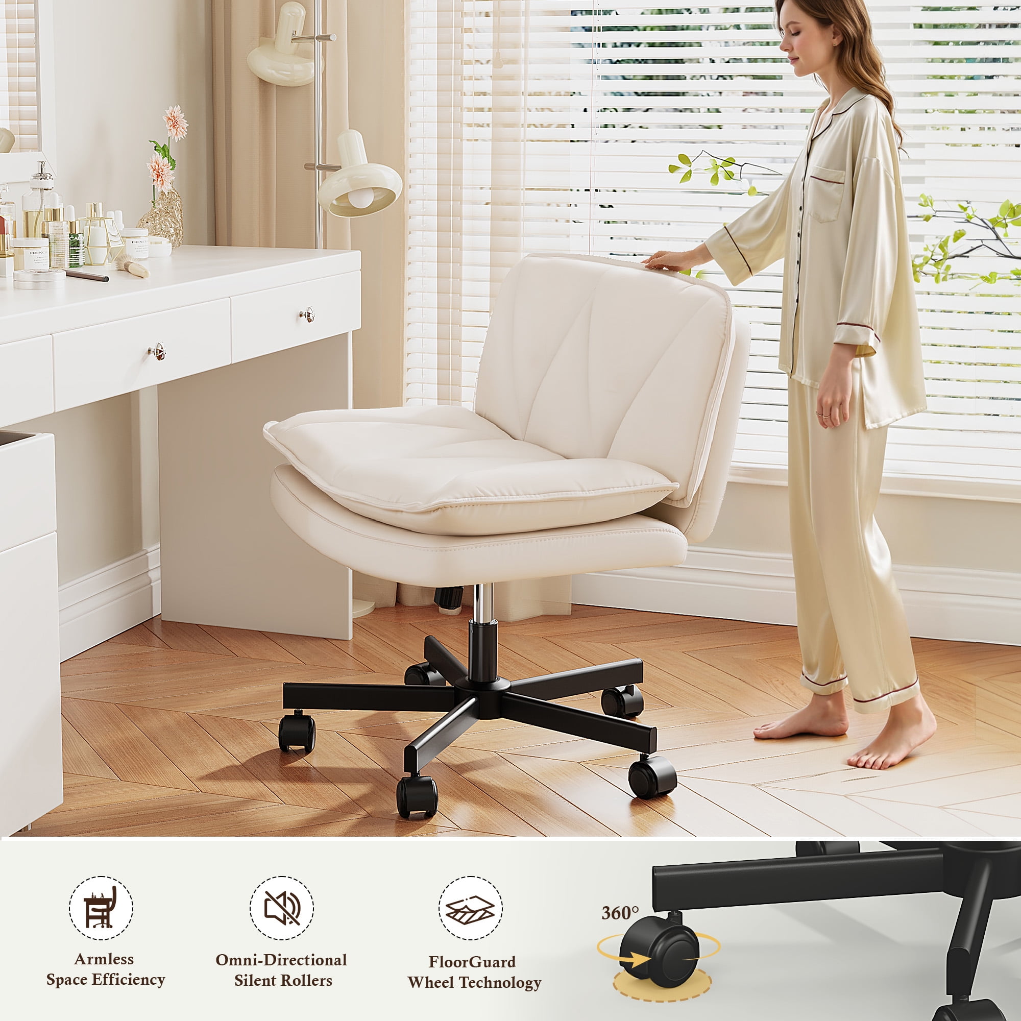 EnHomee 27" W Chair Criss Cross Legged Office Chair Armless Adjustable Desk Chair with Wheels, Wide Seat, and 2-Layer Cushions, Beige