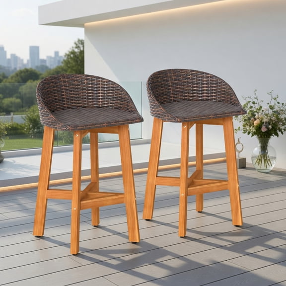 Spaco Set of 2 Outdoor Faux Rattan Counter Bar Stools, Patio Bar Chairs with Ergonomic Curved Backrest & Footrest, Brown