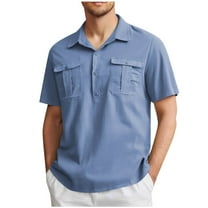 APEXFWDT Men's Big & Tall Shirt - Linen Blend Collared Casual Golf Shirt Short Sleeve Workout Summer Shirt with Chest Pockets,M,Blue