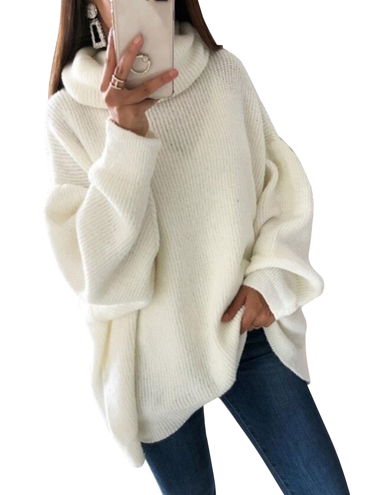 Sweaters for Women Plus Size Solid Color Warm Turtleneck Sweaters Oversized Casual Loose Sweater ...