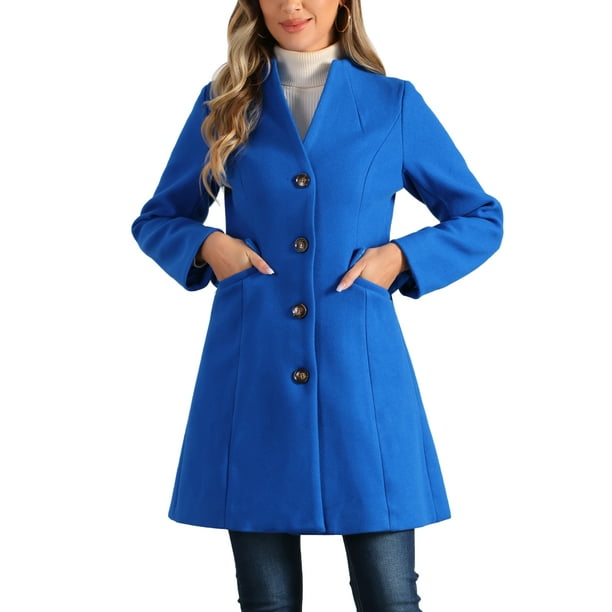 Abrigo largo de una sola botonadura de manga larga con escote en V para mujeres elegantes de Inspire Chic, tamaño M, azul marino