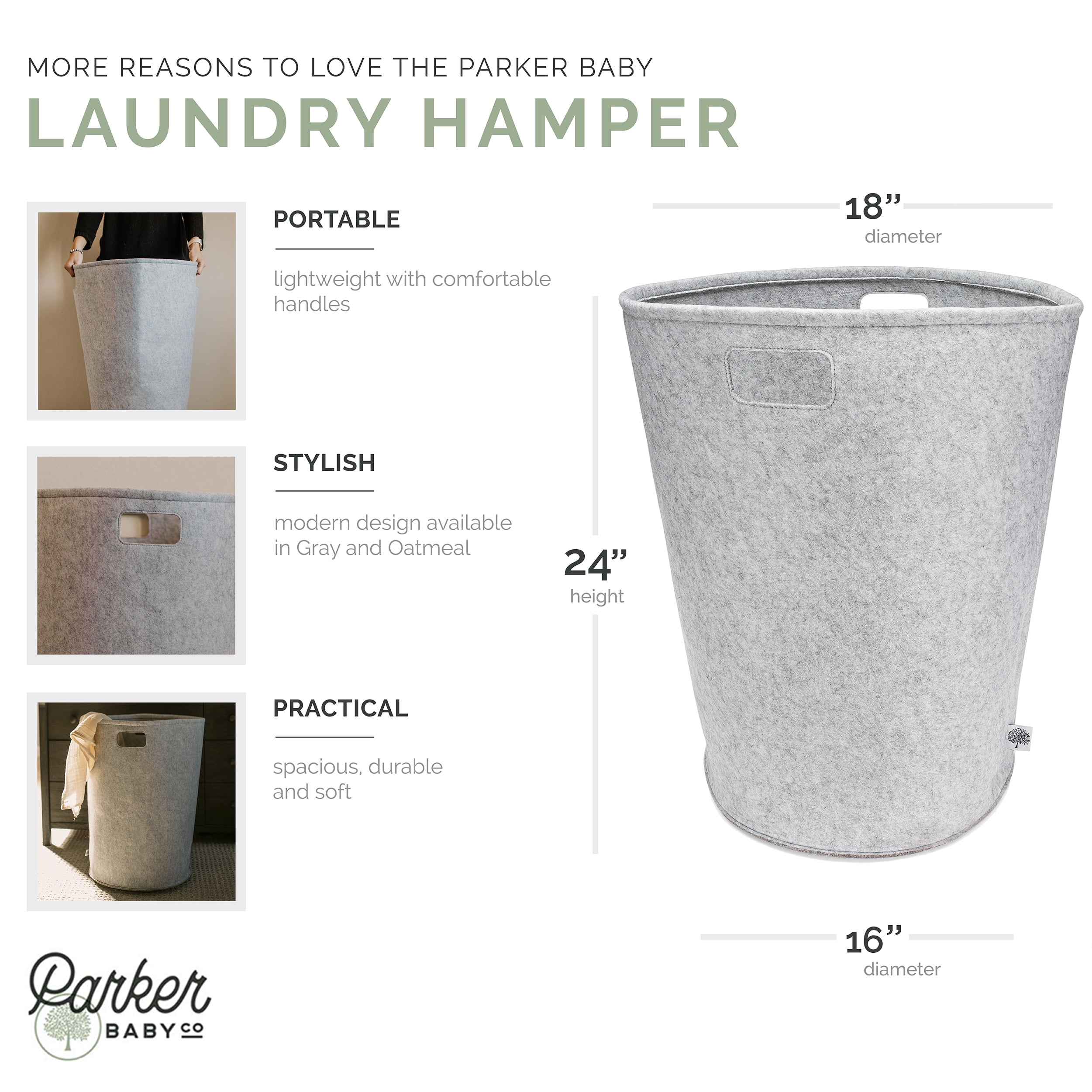 Parker Baby Nursery Laundry Hamper - Felt Storage Basket and Baby Hamper for Nursery (Gray)