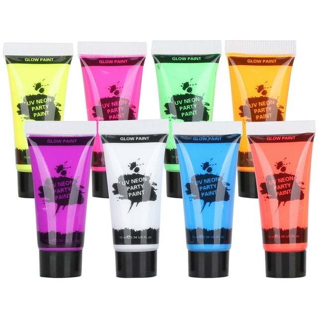 10ml Body Paint Set Blacklight Face and Body Paint Makeup featuring eight fluorescent colors: blue, white, red, pink, purple, orange, yellow, and green. Each tube is labeled 'UV Neon Party Paint' and has a compact size of approximately 6.5 x 3cm. Made of safe, non-toxic, acid-free materials, this set is ideal for nightclubs, festivals, parties, Halloween, and other events requiring vibrant, neon effects under UV light.