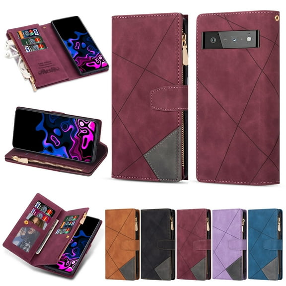 SaniMore for Google Pixel 6 Pro Case with Card Slot, Line Stitching Metal Button Zipper Wallet PU Leather Cover with Folio Flip Kickstand + Hand Strap Shockproof Protective Shell, Winered