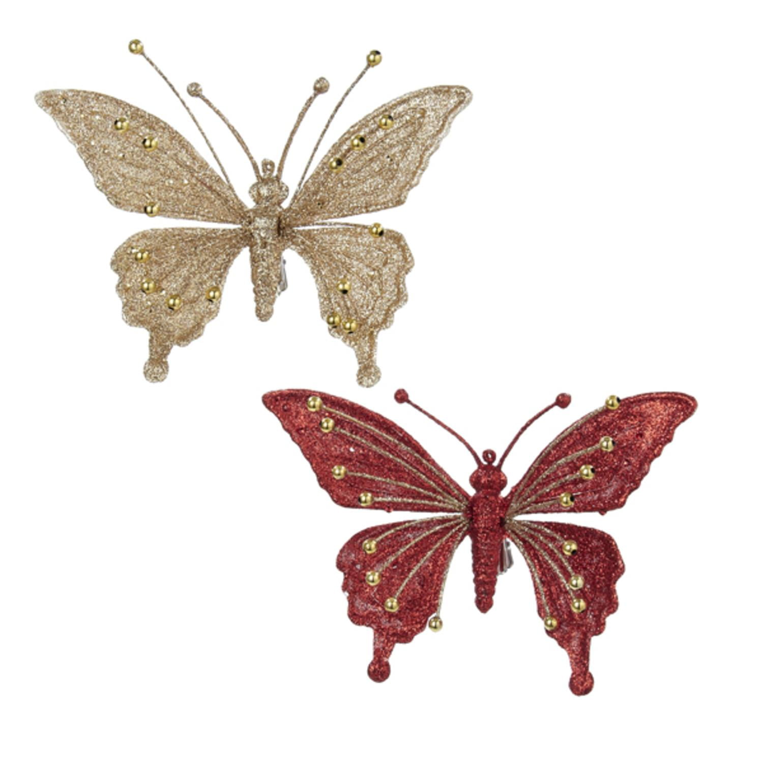 Pack x3 Large Size Metallic Clip on Butterfly Christmas Decorations 4in Red Pack x3 Large Size Metallic Clip on Butterfly Christmas Decorations 4in Red