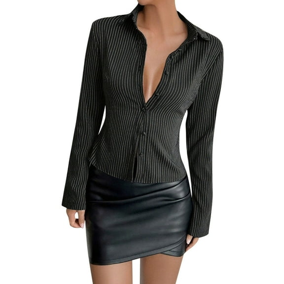 CHUMUD Women's Striped Button Down Crop Shirt Long Sleeve Slim Fitted Blouse Work Shirt Top