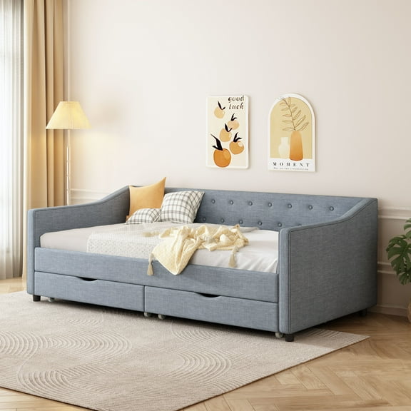 Noble House Mabel Twin Daybed with Storage Drawers, Tufted Upholstered Linen Sofa Bed, Curved Piped Arms, Light Grey