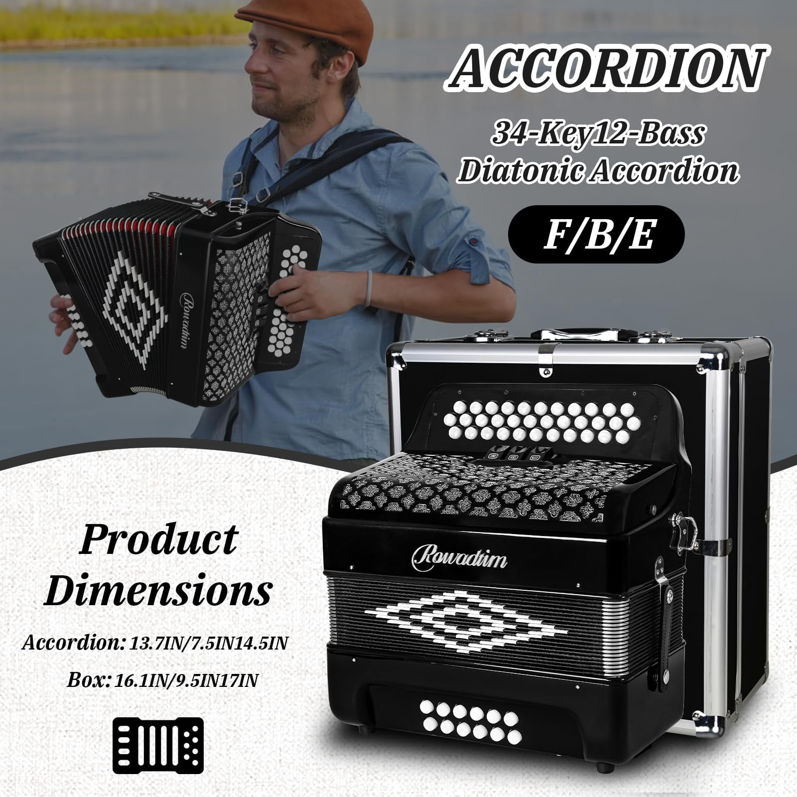 Rowadtim 34-Key Diatonic Accordion, 12 Bass Buttons, F/B/E Tuning, Push-Pull Heterophonic Design. Black Professional Beginner Accordion for Stage Performance, Practice, Ensemble Play & Music Training